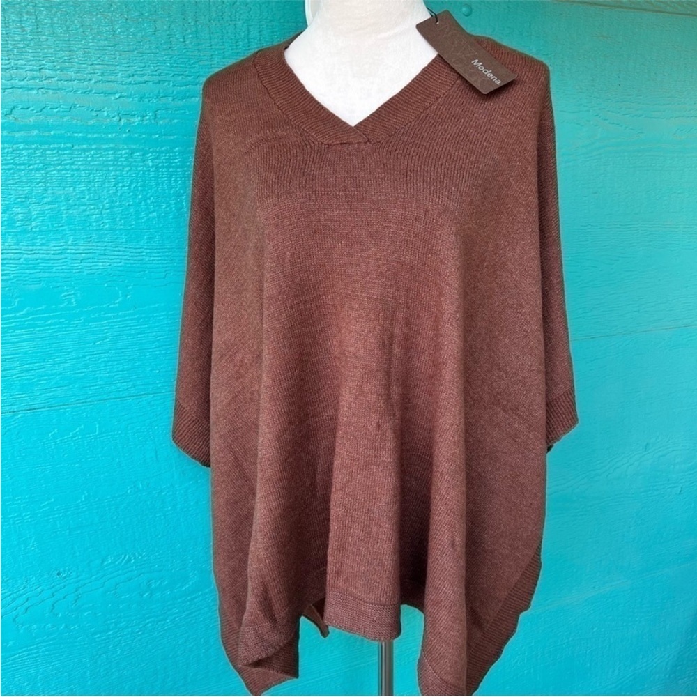MODENA NEW YORK SOFT BROWN FINE KNIT PONCHO CARDIGAN V-NECK SWEATER OS NWT